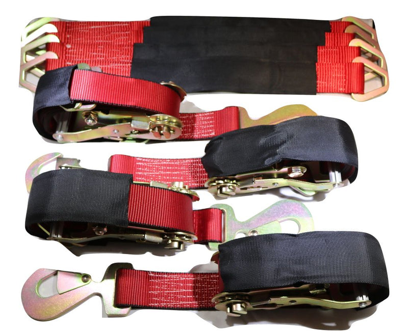 Load image into Gallery viewer, Qty 4 Axle Strap Tie Downs 24" Long & Qty 4 Ratchet Tow Straps Car Haulers | RED