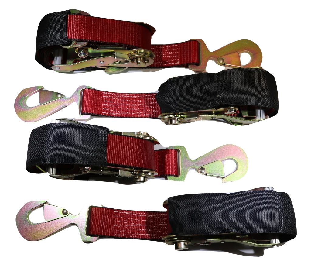 Qty 4 Axle Strap Tie Downs 24" Long & Qty 4 Ratchet Tow Straps Car Haulers | RED