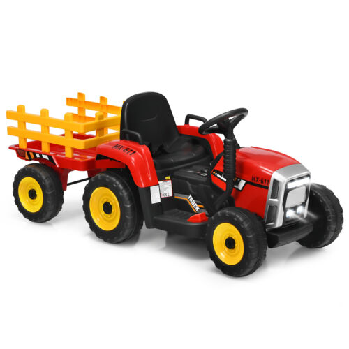 Red 12V Kids Ride On Tractor with Trailer, Remote Control, and LED Lights