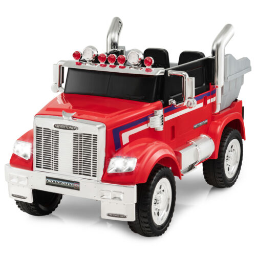 Red 12V Licensed Freightliner Kids Ride On Truck with Dump Box and Lights - Remote Control Included