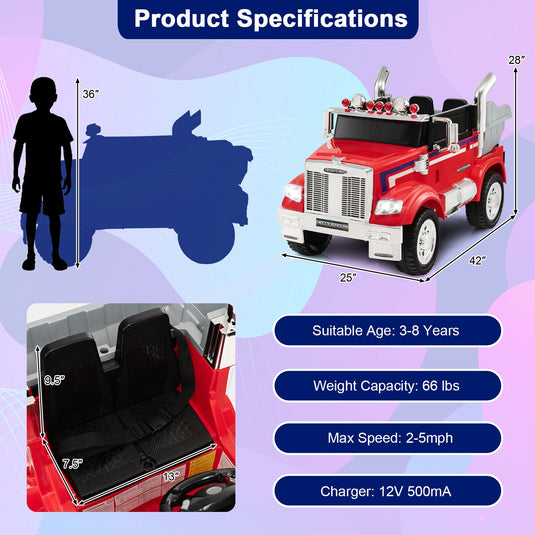 Red 12V Licensed Freightliner Kids Ride On Truck with Dump Box and Lights - Remote Control Included