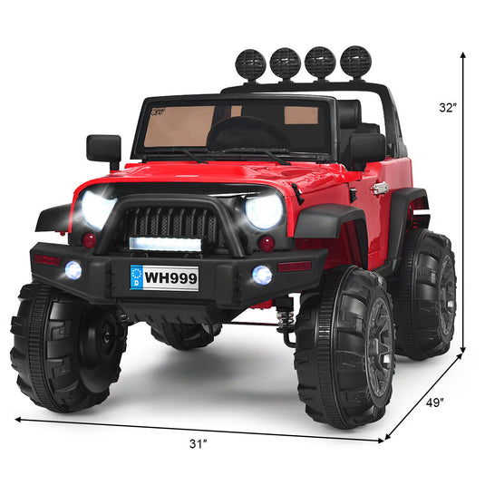 Red 12V RC Ride-On Truck with Spring Suspension, Lights, and Music for Kids
