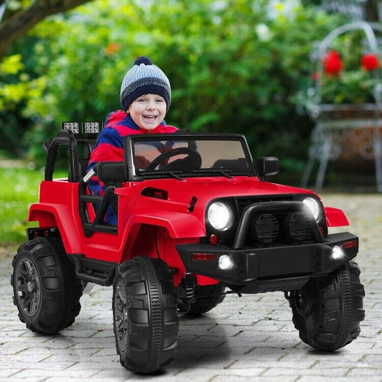 Red 12V Ride On Truck with Remote Control, MP3 Music, and LED Lights for Kids