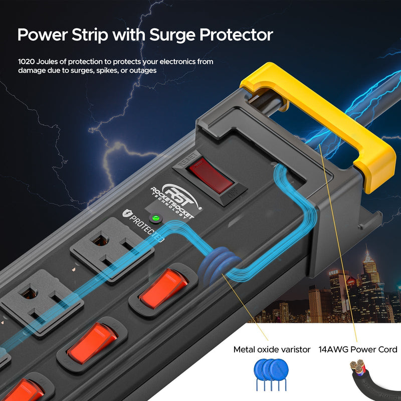 Load image into Gallery viewer, 12-Outlet Heavy Duty Power Strip with Individual Switches – 1020J Surge Protector, 9FT Cord, Wall Mountable