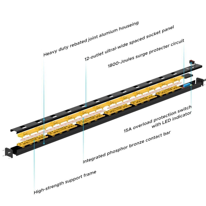 Load image into Gallery viewer, Wide Spaced 12 Outlets Mountable Metal Power Strip Surge Protector, 15FT Power Cord, Mounting Brackets Included