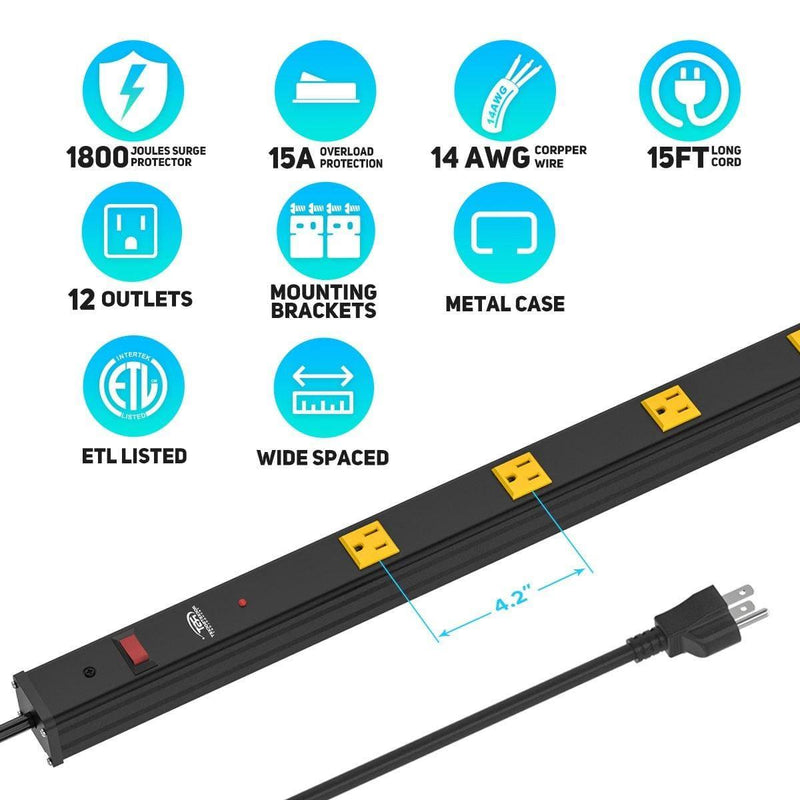 Load image into Gallery viewer, Wide Spaced 12 Outlets Mountable Metal Power Strip Surge Protector, 15FT Power Cord, Mounting Brackets Included