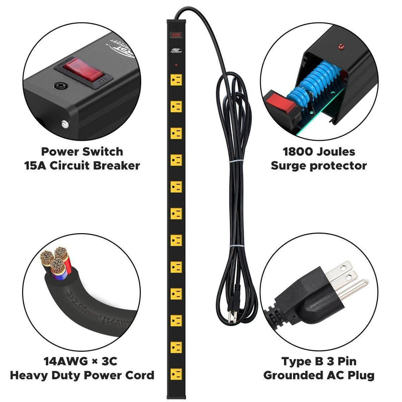 Load image into Gallery viewer, CRST 12-Outlet Metal Power Strip Surge Protector — 1800J, 2.6" Wide Outlets, Mountable