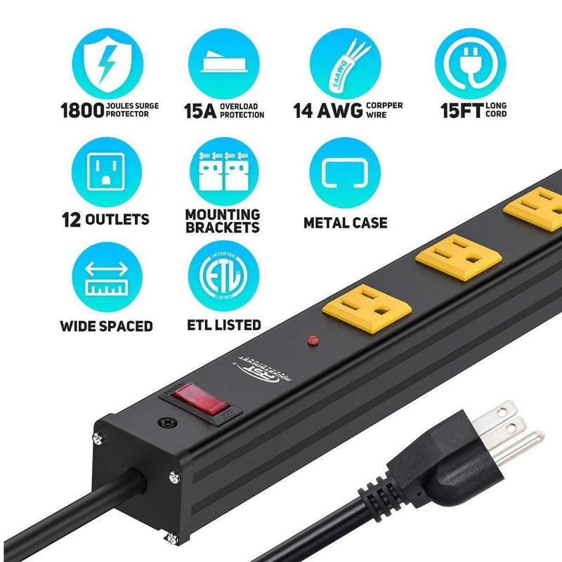 Load image into Gallery viewer, CRST 12-Outlet Metal Power Strip Surge Protector — 1800J, 2.6" Wide Outlets, Mountable