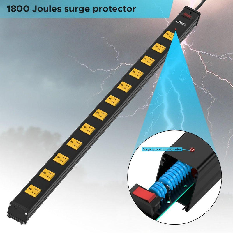 Load image into Gallery viewer, CRST 12-Outlet Metal Power Strip Surge Protector — 1800J, 2.6" Wide Outlets, Mountable