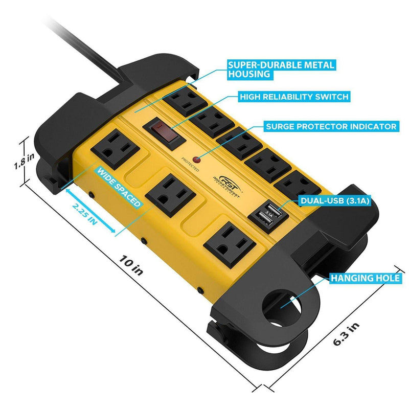 Load image into Gallery viewer, Wide Spaced 8-Outlet Heavy Duty Metal Power Strip Surge Protector, 1350 Joules Protection, Dual USB Ports