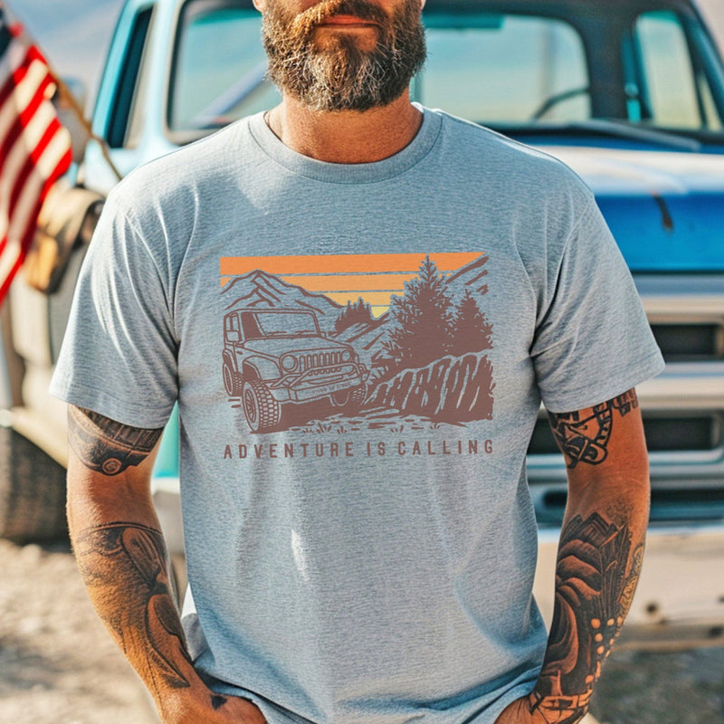 Load image into Gallery viewer, Men's Off-Roading Adventure Is Calling T, Blue or Grey