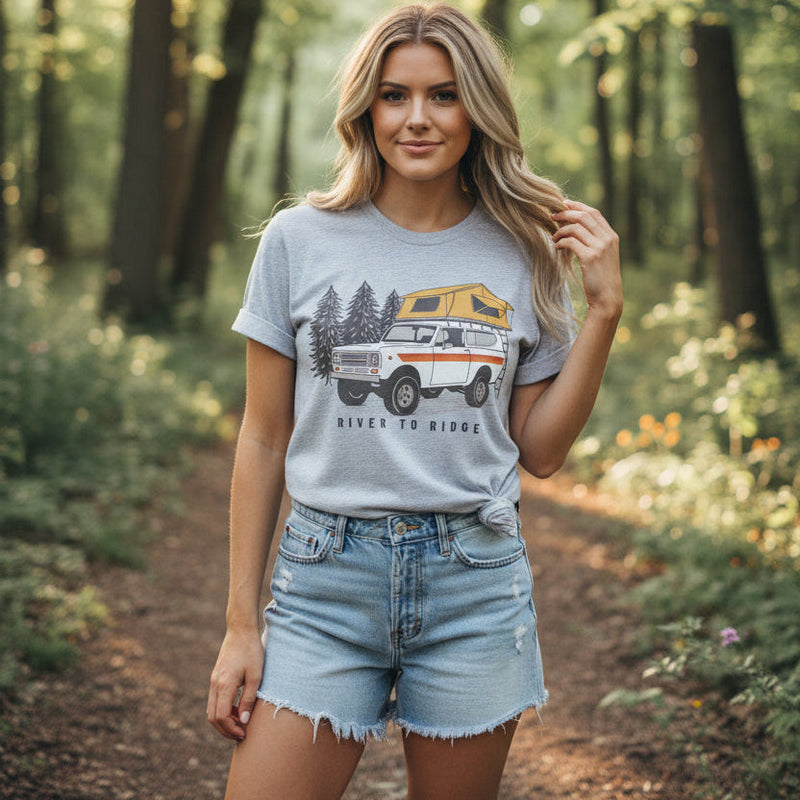 Load image into Gallery viewer, Women's Overland Camping T, Heather Orange or Grey