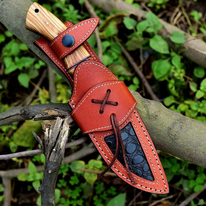 Load image into Gallery viewer, Custom Handmade 10" Damascus Steel Hunting Knife with Olive Wood Handle & Leather Sheath