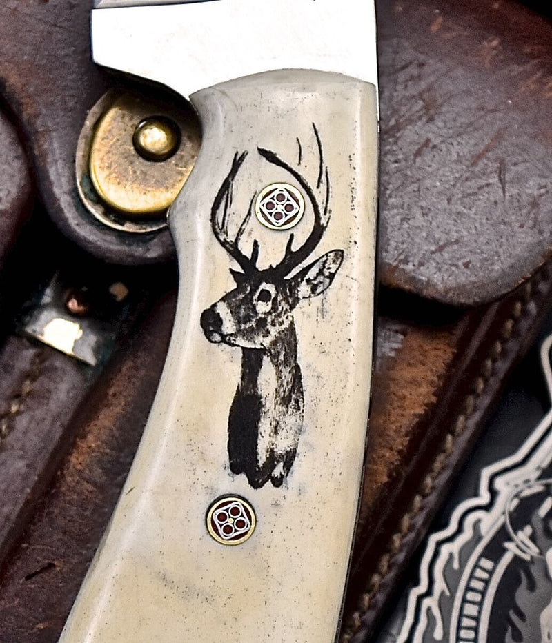 Load image into Gallery viewer, Custom Handmade J2 Steel Skinning Knife – 4.5" Blade, Engraved Camel Bone Handle