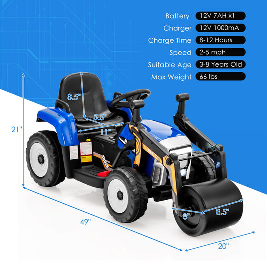 12V Electric Tractor with Remote Control, LED Lights, and Music for Kids - Blue
