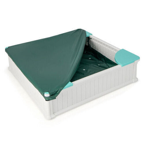 White Outdoor Sandbox with Oxford Cover and 4 Corner Seats for Kids