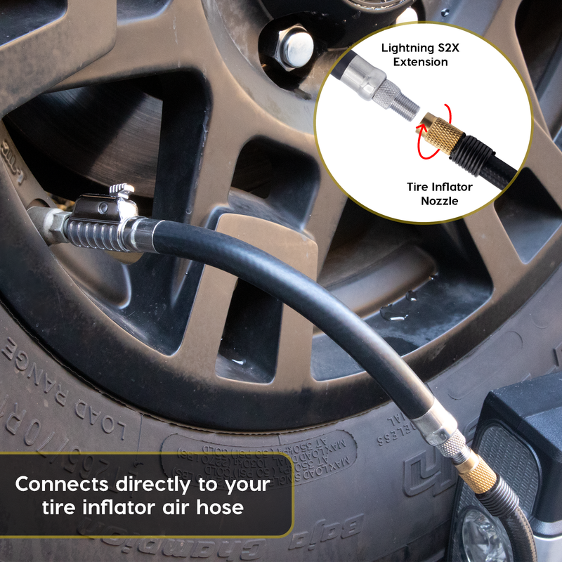 Load image into Gallery viewer, Lightning™ S2X Quick-Connect Locking Tire Inflator Air Chuck Extension | Patented Lock-on Compressor Hose Attachment (Open Flow)