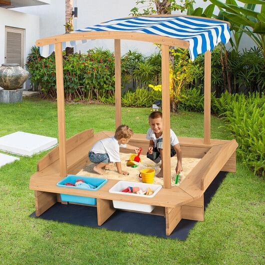 Striped Canopy Wooden Sandbox for Kids - Perfect for Outdoor Playtime!