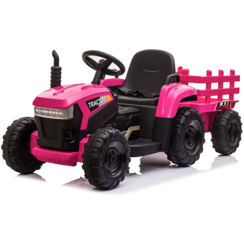 TOBBI 12V Kids Electric Ride On Tractor with Trailer in Rose Red