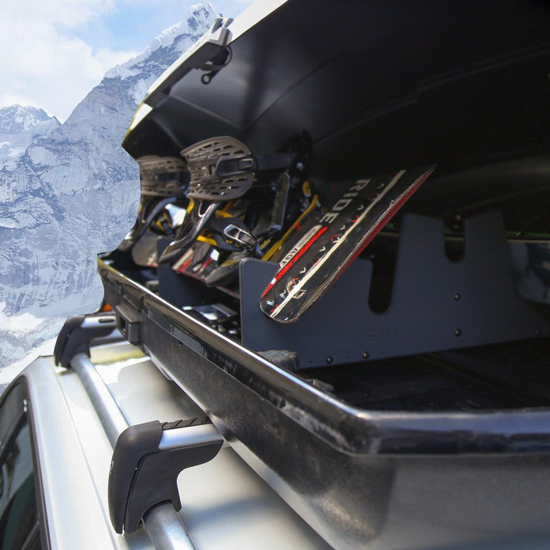Load image into Gallery viewer, TRAPSKI LowPro 5 XL Ski and Snowboard Rack Insert for Rooftop Cargo Box | High Quality Marine Grade HDPE Plastic | Premium Strap Included | 3 Year Warranty | Made in the USA | Veteran Owned Business