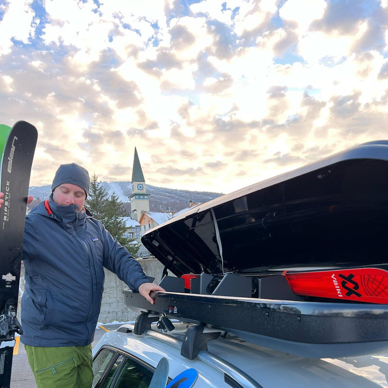 Load image into Gallery viewer, TRAPSKI LowPro 5 XL Ski and Snowboard Rack Insert for Rooftop Cargo Box | High Quality Marine Grade HDPE Plastic | Premium Strap Included | 3 Year Warranty | Made in the USA | Veteran Owned Business