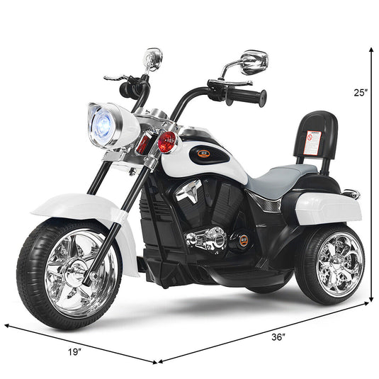 White 3-Wheel Chopper Motorcycle for Kids with Headlight and Horn