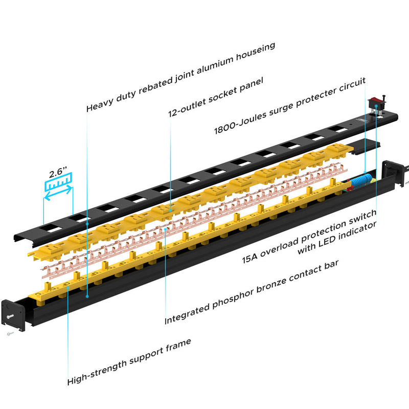 Load image into Gallery viewer, CRST 12-Outlet Metal Power Strip Surge Protector — 1800J, 2.6" Wide Outlets, Mountable