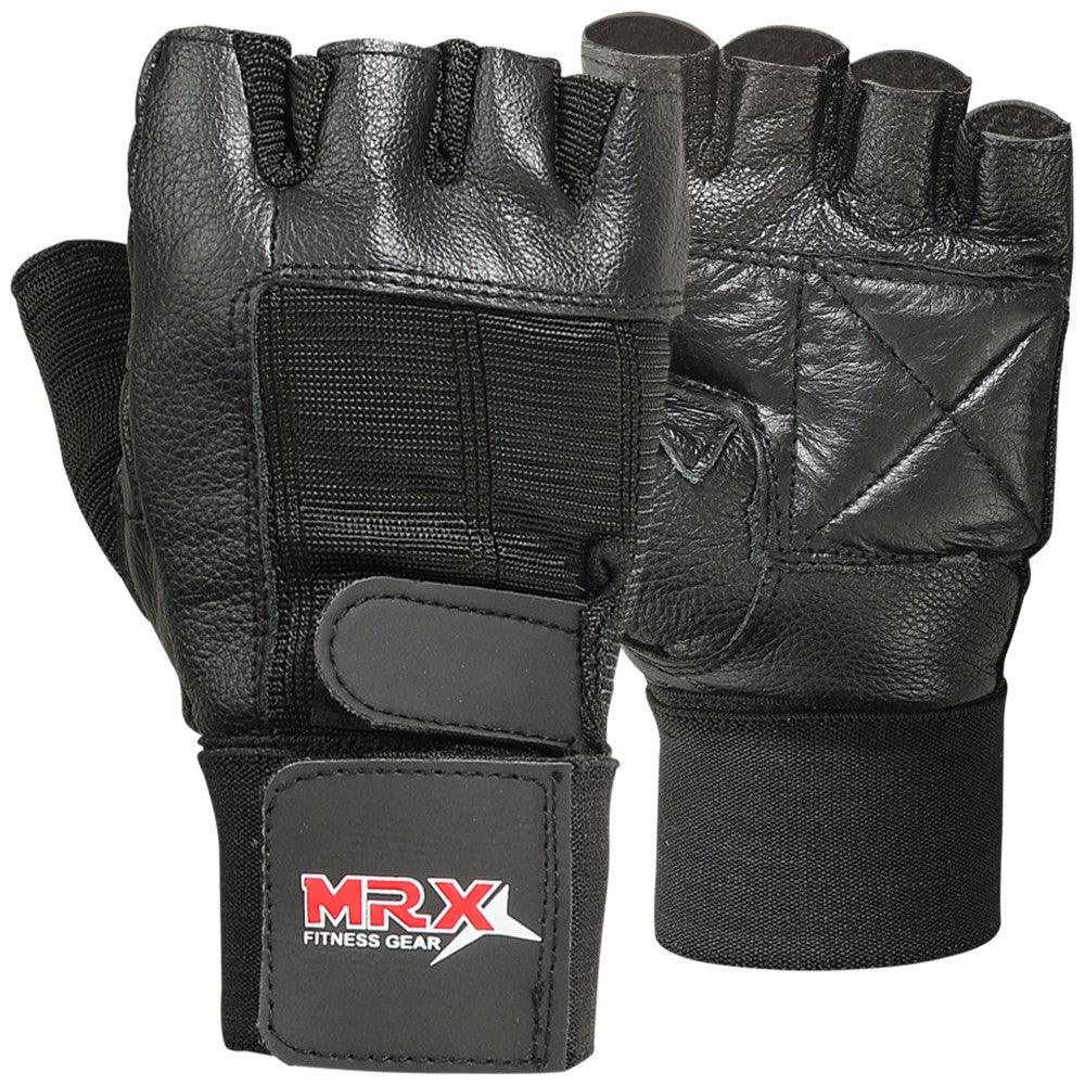 MRX Weight Lifting Gloves With Long Wrist Strap Genuine Leather Black All Sizes