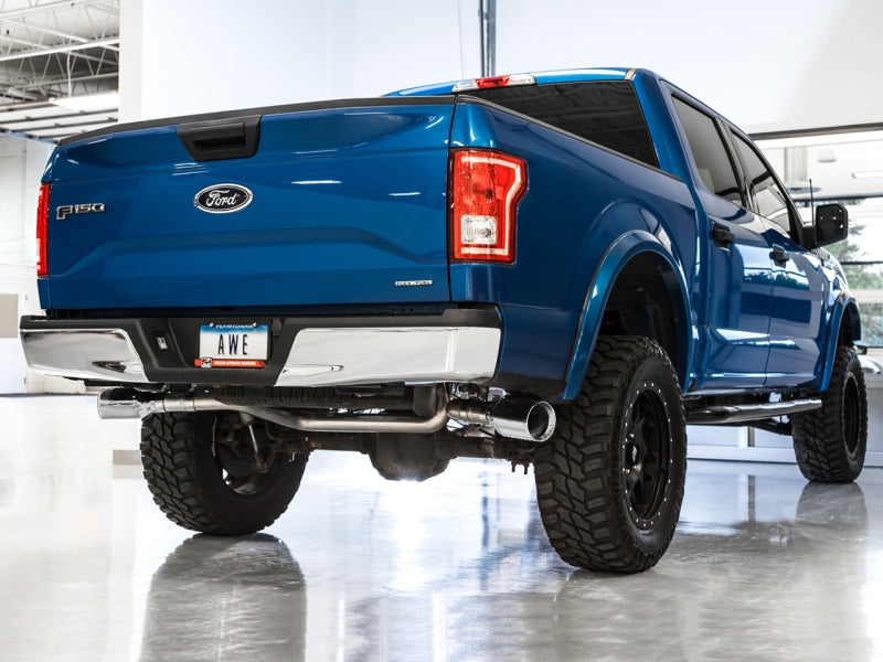 Load image into Gallery viewer, AWE Tuning 2015+ Ford F-150 0FG Dual Exit Performance Exhaust System w/5in Chrome Silver Tips
