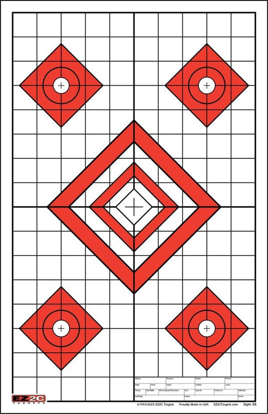 25 EZ2C Targets Style 28: Five Diamonds. Pad of 25 Paper Shooting Targets 11”x17” USA MADE
