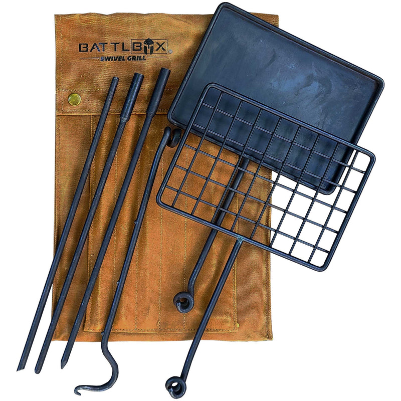 Load image into Gallery viewer, BattlBox Bushcraft Swivel Grill Set w/ Waxed Canvas Carrying Case
