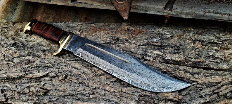 Load image into Gallery viewer, Crocodile Dundee Outback Bowie Knives 2025 – 16” Handmade Damascus Steel Blade with Leather &amp; Brass Handle + Sheath
