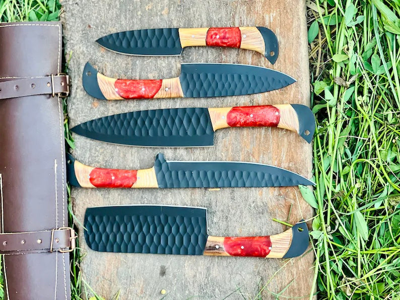 Load image into Gallery viewer, Best Japanese Kitchen Knife Set – 13&quot; Forged Stainless Steel Chef Knife with Olivewood &amp; Resin Handle + Leather Sheath
