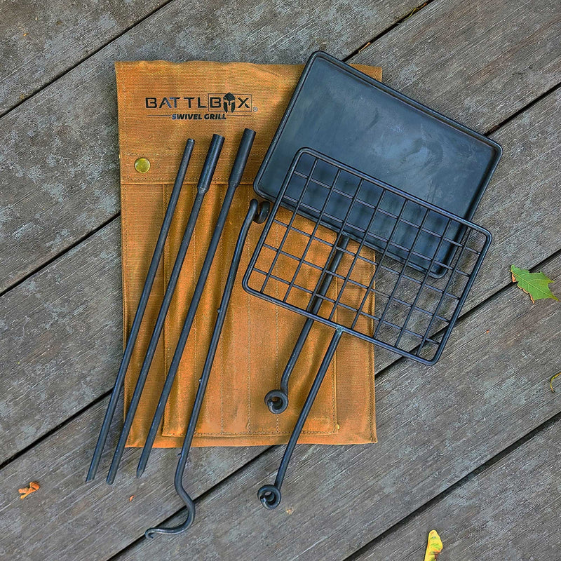 Load image into Gallery viewer, BattlBox Bushcraft Swivel Grill Set w/ Waxed Canvas Carrying Case
