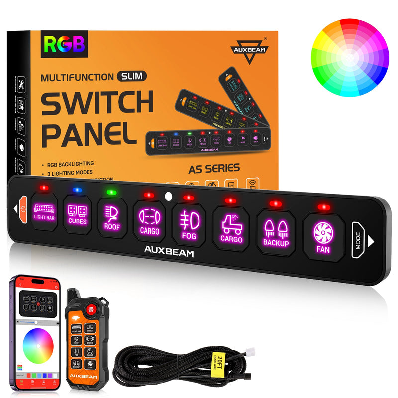 Load image into Gallery viewer, AS-800 RGB Slim Switch Panel with APP&amp;Remote Control, Toggle/ Momentary/ Pulsed Mode Supported(One-Sided Outlet)
