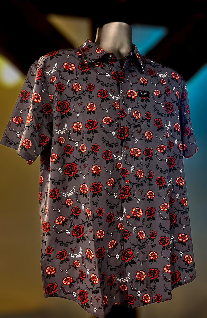 Load image into Gallery viewer, “Rowdy Rose” Pearl Snap Shirt | Western Red Pearl Snap Button-Up for Ranch &amp; Rodeo | Westrek
