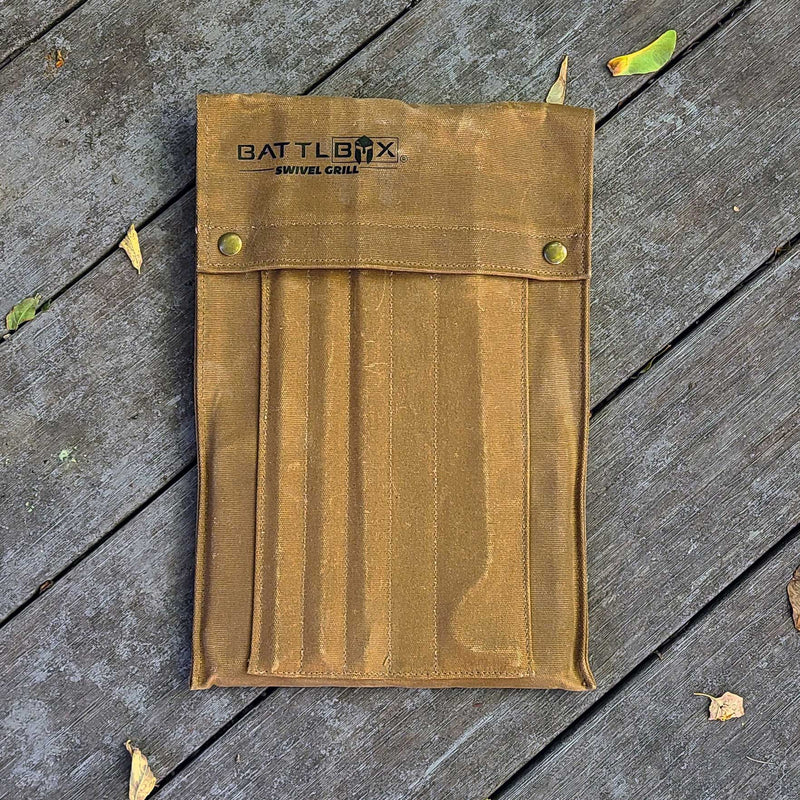 Load image into Gallery viewer, BattlBox Bushcraft Swivel Grill Set w/ Waxed Canvas Carrying Case
