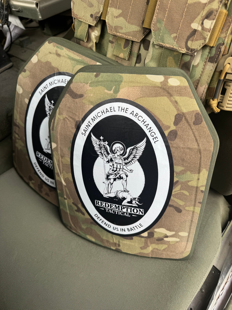 Load image into Gallery viewer, St Michael Archangel Plates Pair of 10x12 Level IV Ceramic PE Plates Ballistic FRONT AND BACK (SIZE SMALL to LARGE) Curved with Shooters Cut
