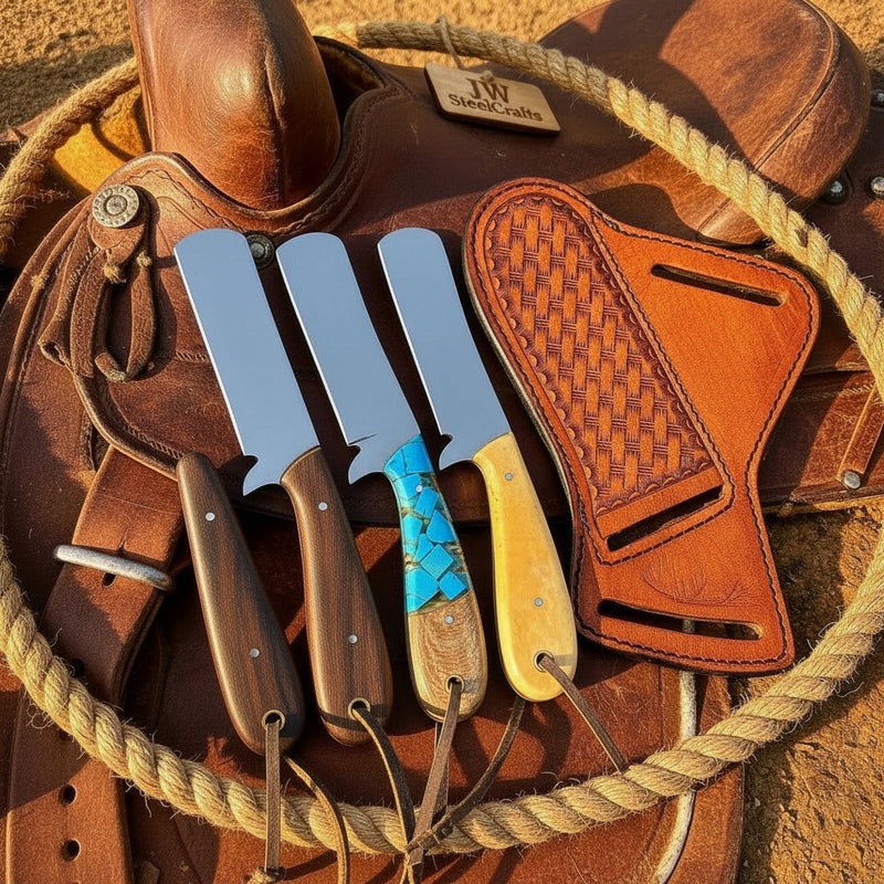 Load image into Gallery viewer, Trailhand Bull Cutter Trio Knife 7" Handmade High Carbon Set of 3
