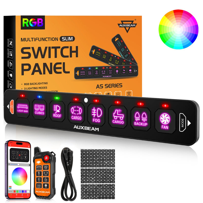 Load image into Gallery viewer, AS-800 RGB Slim Switch Panel with APP&amp;Remote Control, Toggle/ Momentary/ Pulsed Mode Supported(One-Sided Outlet)
