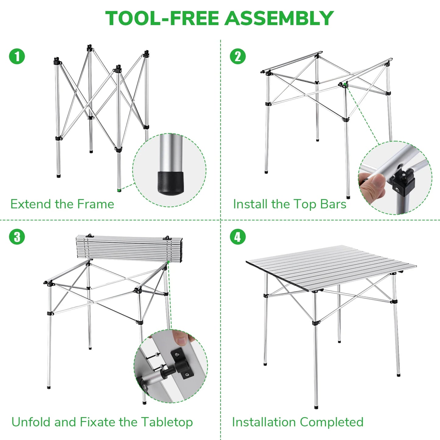Easy Roll Aluminum Camping & Picnic Table (27x27.5in) - Heavy Duty