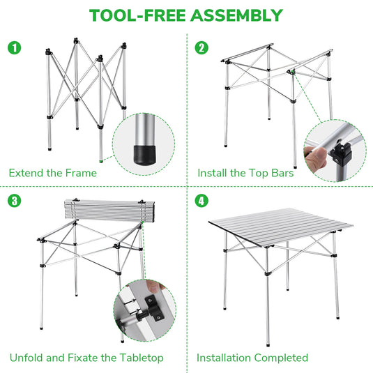Easy Roll Aluminum Camping & Picnic Table (27x27.5in) - Heavy Duty