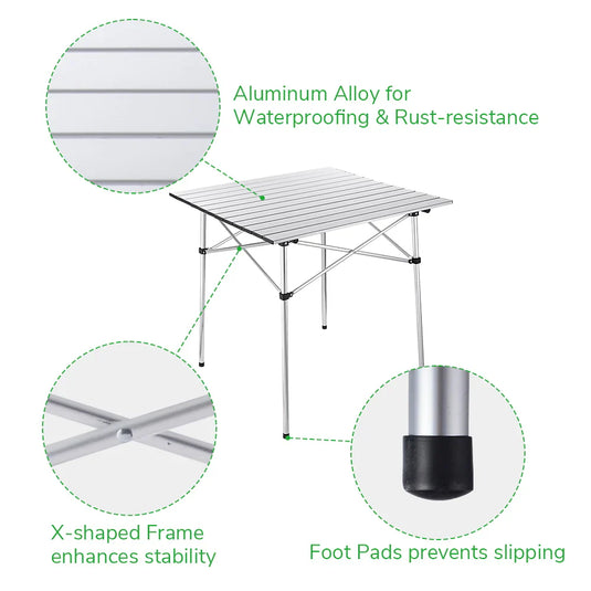 Easy Roll Aluminum Camping & Picnic Table (27x27.5in) - Heavy Duty