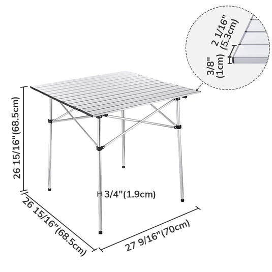 Easy Roll Aluminum Camping & Picnic Table (27x27.5in) - Heavy Duty