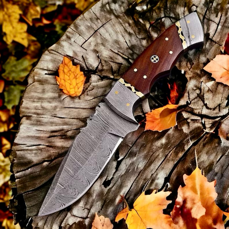Load image into Gallery viewer, Small Bushcraft Knife – 9&quot; Damascus Steel Blade with Rosewood Handle &amp; Leather Sheath
