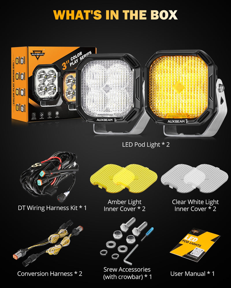 Load image into Gallery viewer, Color Play Series 3 Inch 100W Flood LED Pod Lights Off Road Lights with White DRL &amp; Amber Turn Signal Lights
