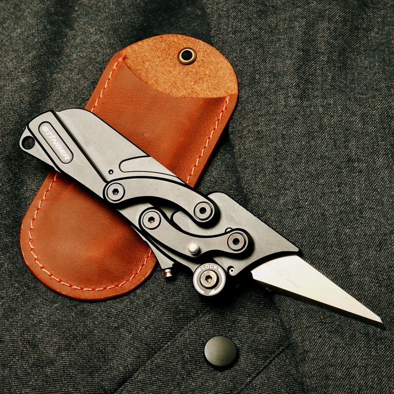 Load image into Gallery viewer, Stinger Olfa Evolution Edge with Leather Pouch, Folding Pocket Utility - Matte Black
