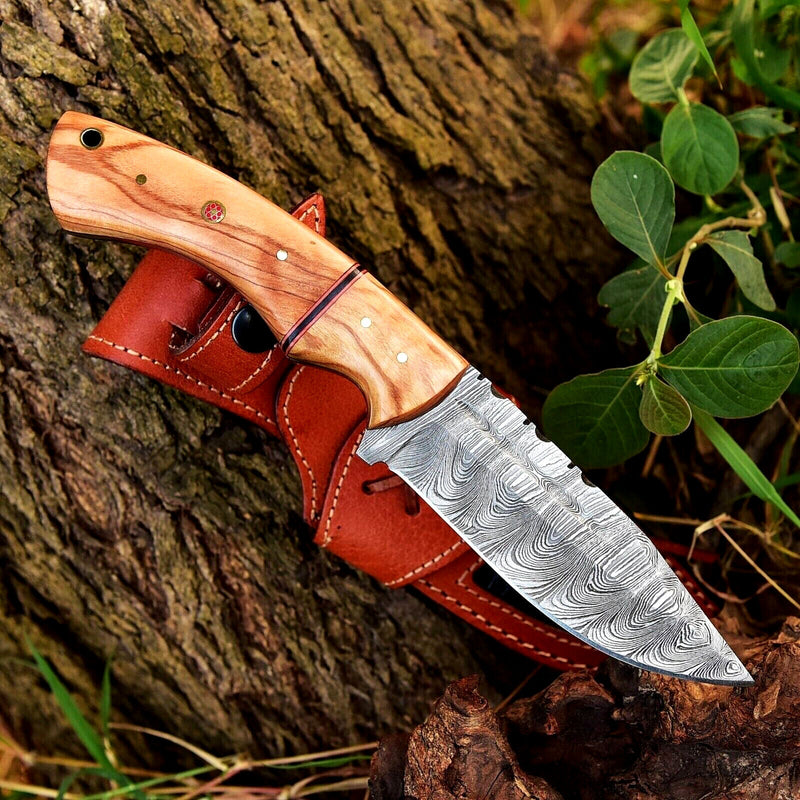 Load image into Gallery viewer, Custom Handmade 10&quot; Damascus Steel Hunting Knife with Olive Wood Handle &amp; Leather Sheath
