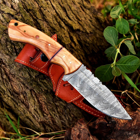 Custom Handmade 10" Damascus Steel Hunting Knife with Olive Wood Handle & Leather Sheath