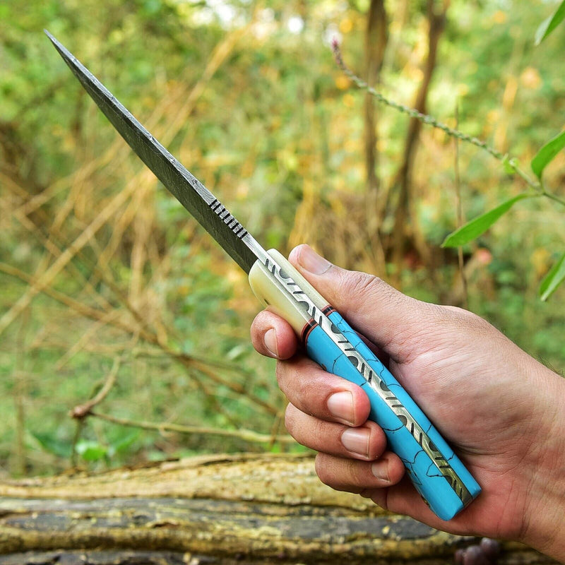 Load image into Gallery viewer, Custom Handmade Damascus Steel Hunting Knife – 10-Inch Blade with Resin Handle, Includes Leather Sheath
